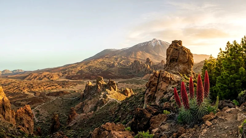 Mount Teide at sunrise behind Roque Cinchado with red tajinaste flowers in bloom.
