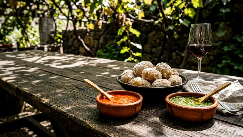 Wrinkled Canarian potatoes with red and green mojo sauces on a wooden table.