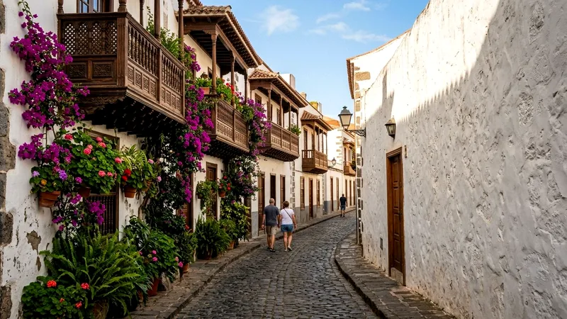 Carved wooden balconies with plants above a cobbled street in La Orotava.