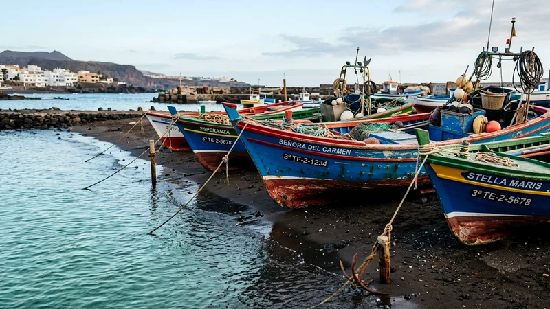 Colourful wooden fishing boats on black volcanic sand beside clear green water.