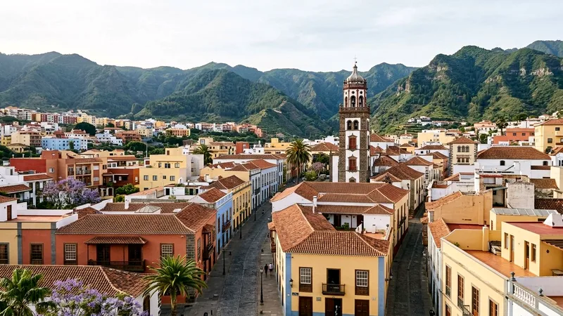 Rooftops and bell tower of La Laguna old town with green hills behind.
